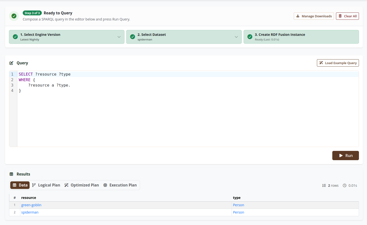 A screenshot of the RDF Fusion Playground UI